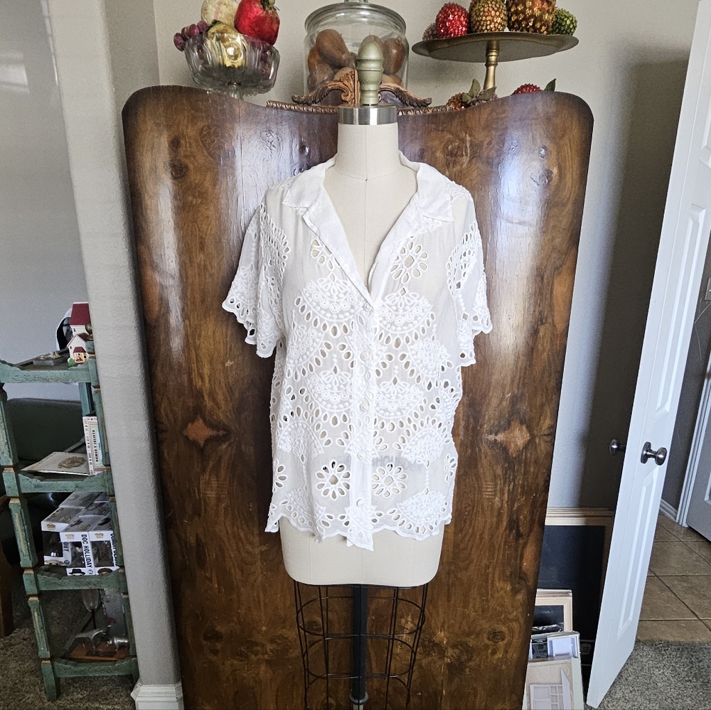 Johnny Was White Eyelet Button Down Shirt